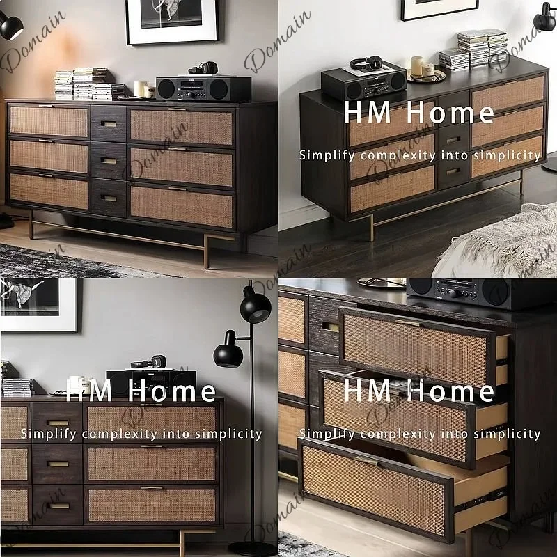Mid-Century Modern Solid Wood Nightstand Dresser with Woven Rattan Door, Walnut Finish Storage Cabinet for Bedroom