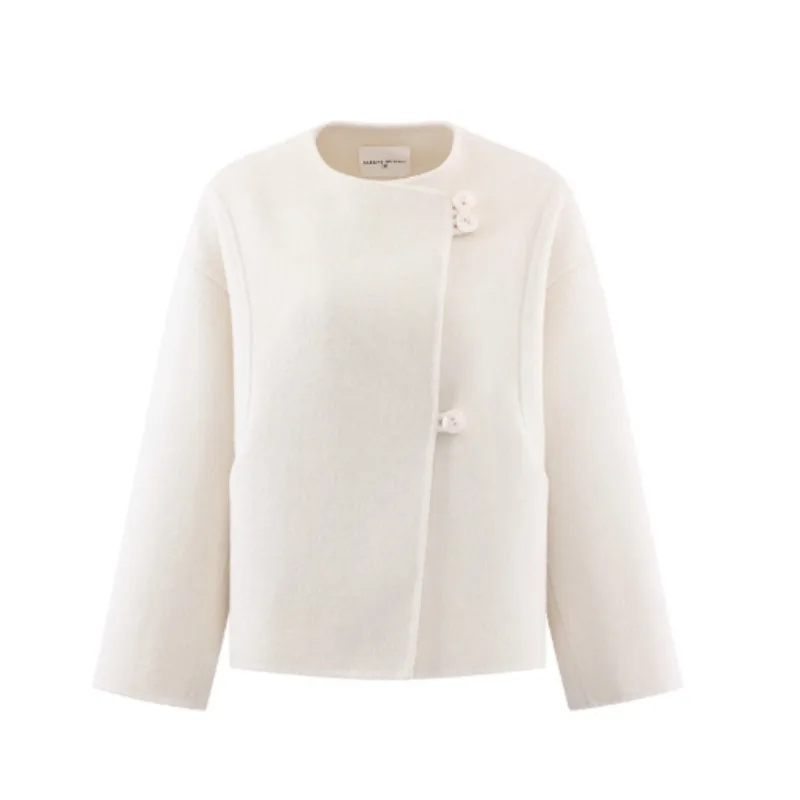 معطف قصير من الصوف الأنيق للنساء شتاء دافئ مزدوج الوجه سترة فضفاضة غير رسمية ملابس خارجية صوفية مستقيمة لمظهر أنيق وشبابي