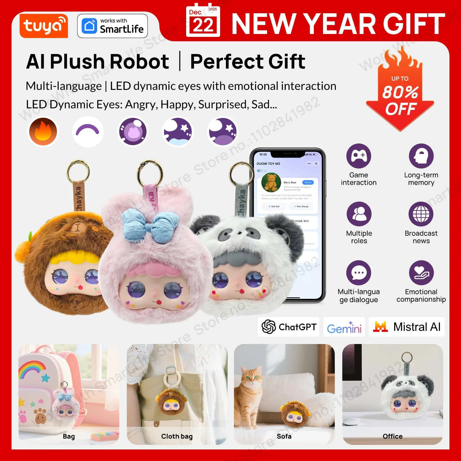 Robot en peluche intelligent Tuya AI avec yeux LED et commande vocale, jouet intelligent interactif, compagnon Rechargeable par USB, cadeaux pour enfants/maison intelligente