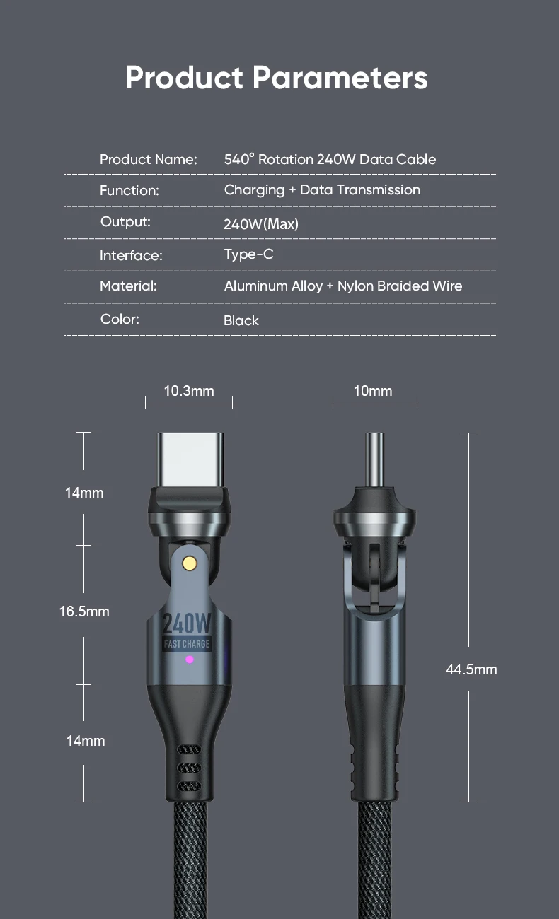 240W USB C to USB C Cable,Dual Head 540° Rotation 5A PD Fast Charging Cord,Nylon Braided Data Wire for iPhone 16,Samsung Galaxy