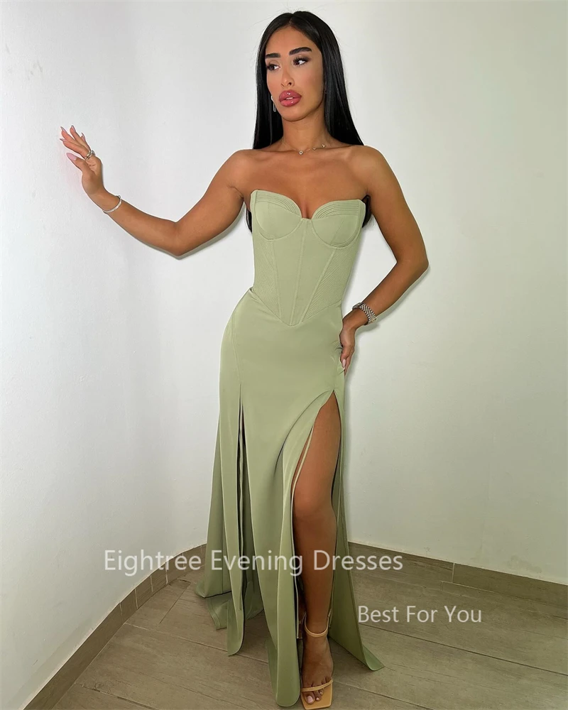 Eightree Bean Green Satin Prom Dresses Simple Wedding Guest Floor-length Arabic Elegant Formal Evening Party Dress Skirt Women