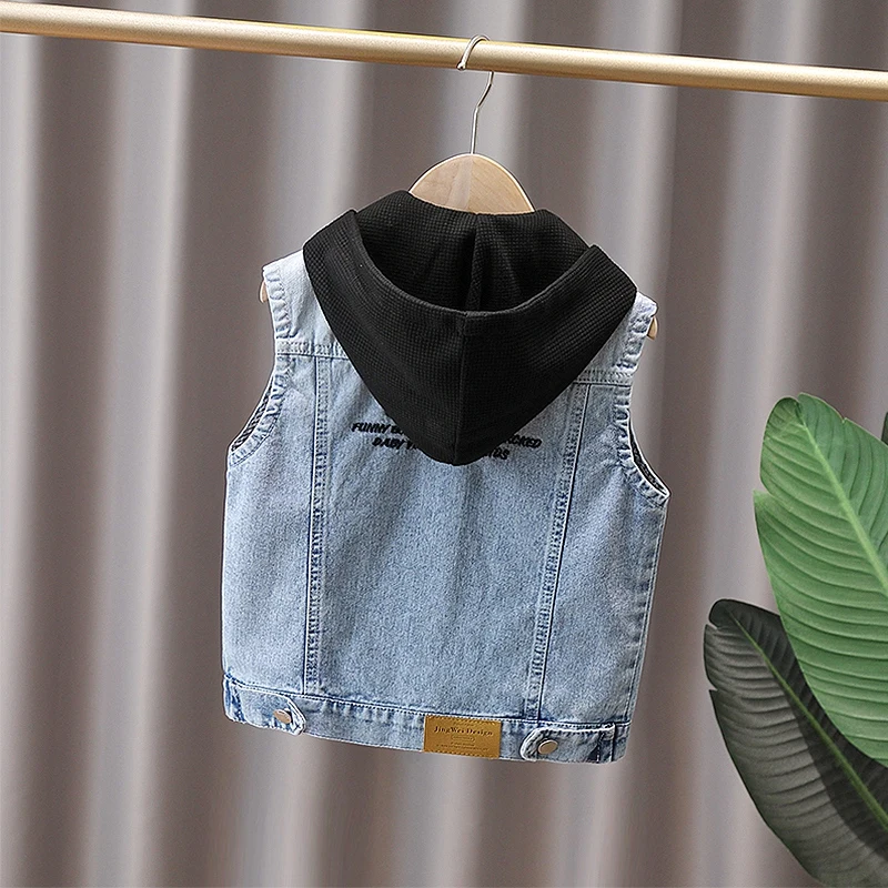 Baby Boy Casual Denim Vest with Hood New Kids Designer Fashion Clothing Outfit Children Sleeveless Jacket Hoodie Waistcoat 2-9Y