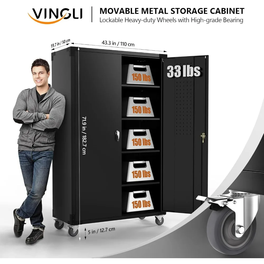 43 W x 20 D x 72 H Garage Storage Cabinet, Metal Storage Cabinet with Pegboards, Wheels, Locking Doors and Adjustable Shelves