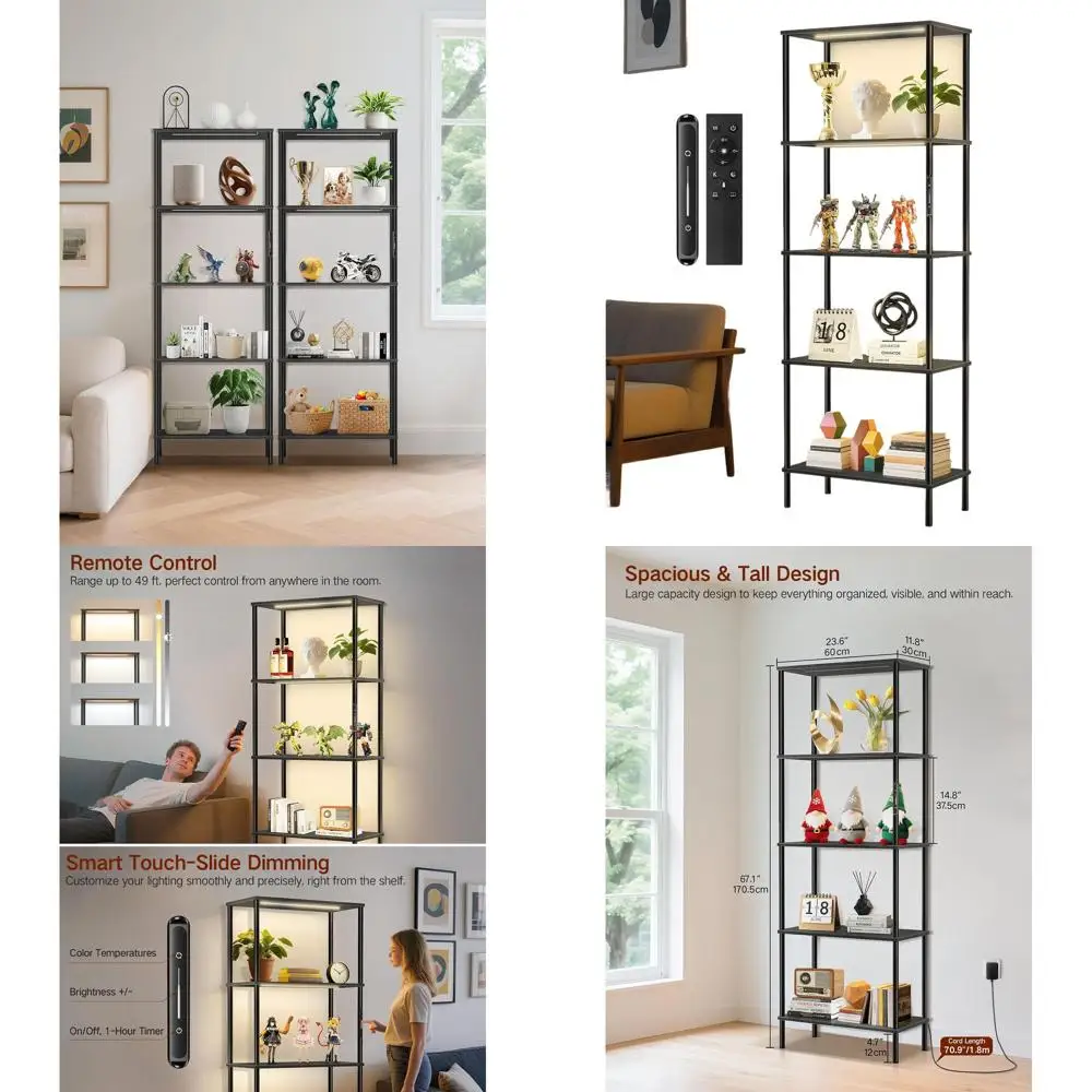 Modern 5-Tier LED Lighted Bookcase, Dimmable with Touch and Remote, 3 Color Modes, Sleek Black for Rooms and Offices