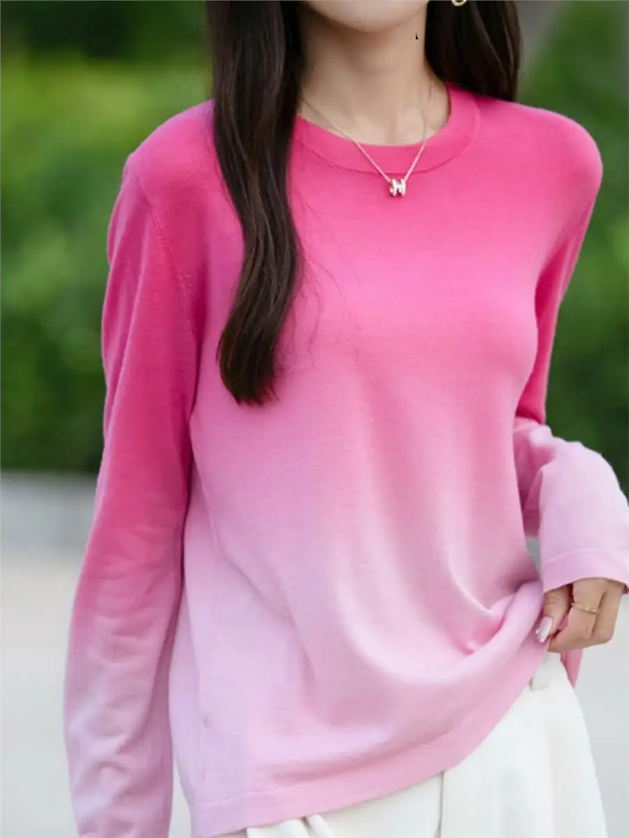 Slimming Long Sleeve round Neck Knitted T-Shirt Women's Base Shirt Thin Gradient Color Super Beautiful Sweater Commute Style