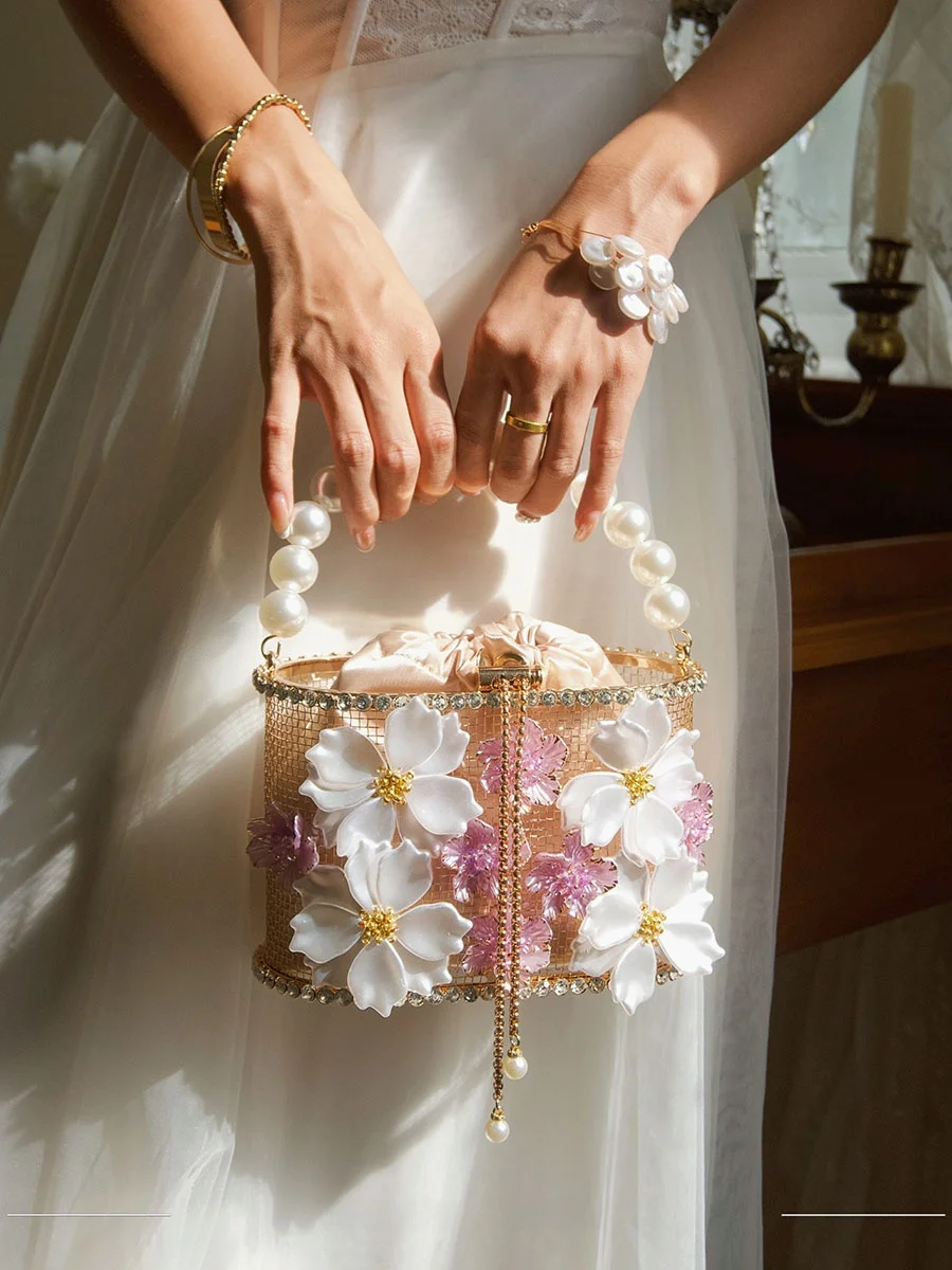 

Сумка-ведро ручной работы с жемчугом и стразами, садовая сумка-корзина, женская сумка через плечо для вечеринок, повседневный простой стиль UGALS