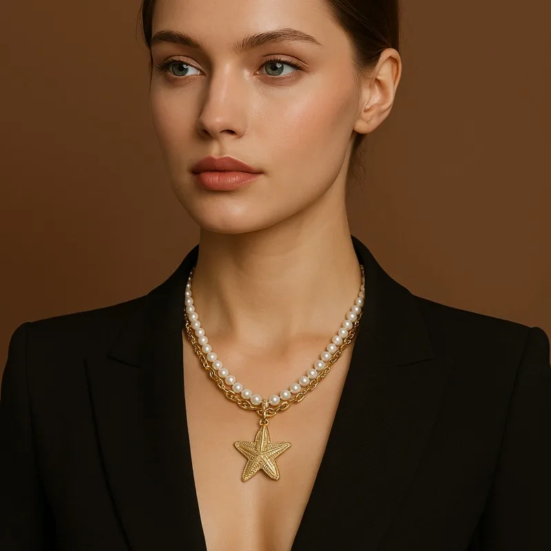 

Fashionable Imitation Pearl Chain Double-layer Starfish Pendant Necklace for Women, Elegant Jewelry for Casual Vacations