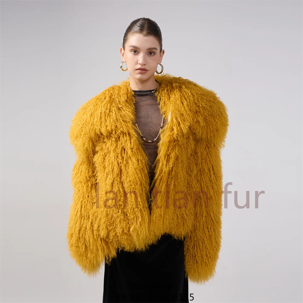 

Женские шубы из натурального меха монгольской овцы длиной 50 см, зимние тёплые пальто из натурального меха ягнёнка