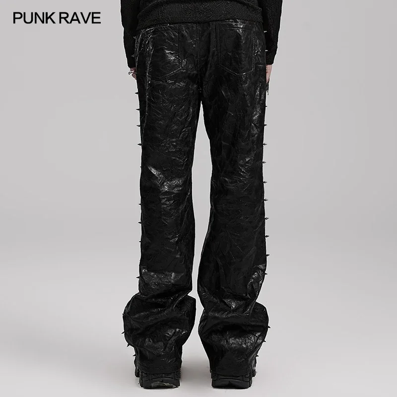 Pantalones de cuero texturizado plisado PUNK RAVE para hombre, pantalones con pinchos de Metal, pantalones oscuros con personalidad de diseño Simple, Otoño e Invierno