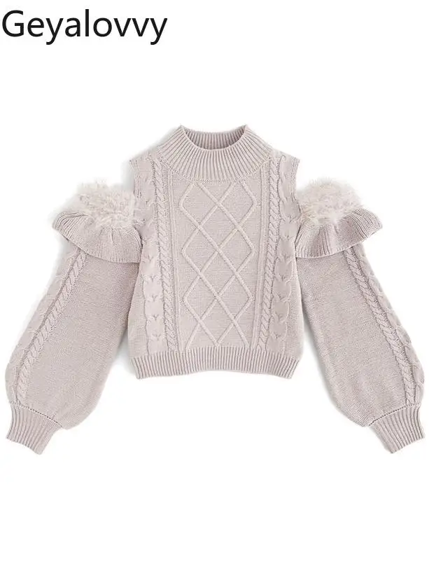 

Autumn Winter New Japanese Style Sweet High Neck Plush Sweater Versatile Off-Shoulder Ruffled Diamond Check Knitted Top