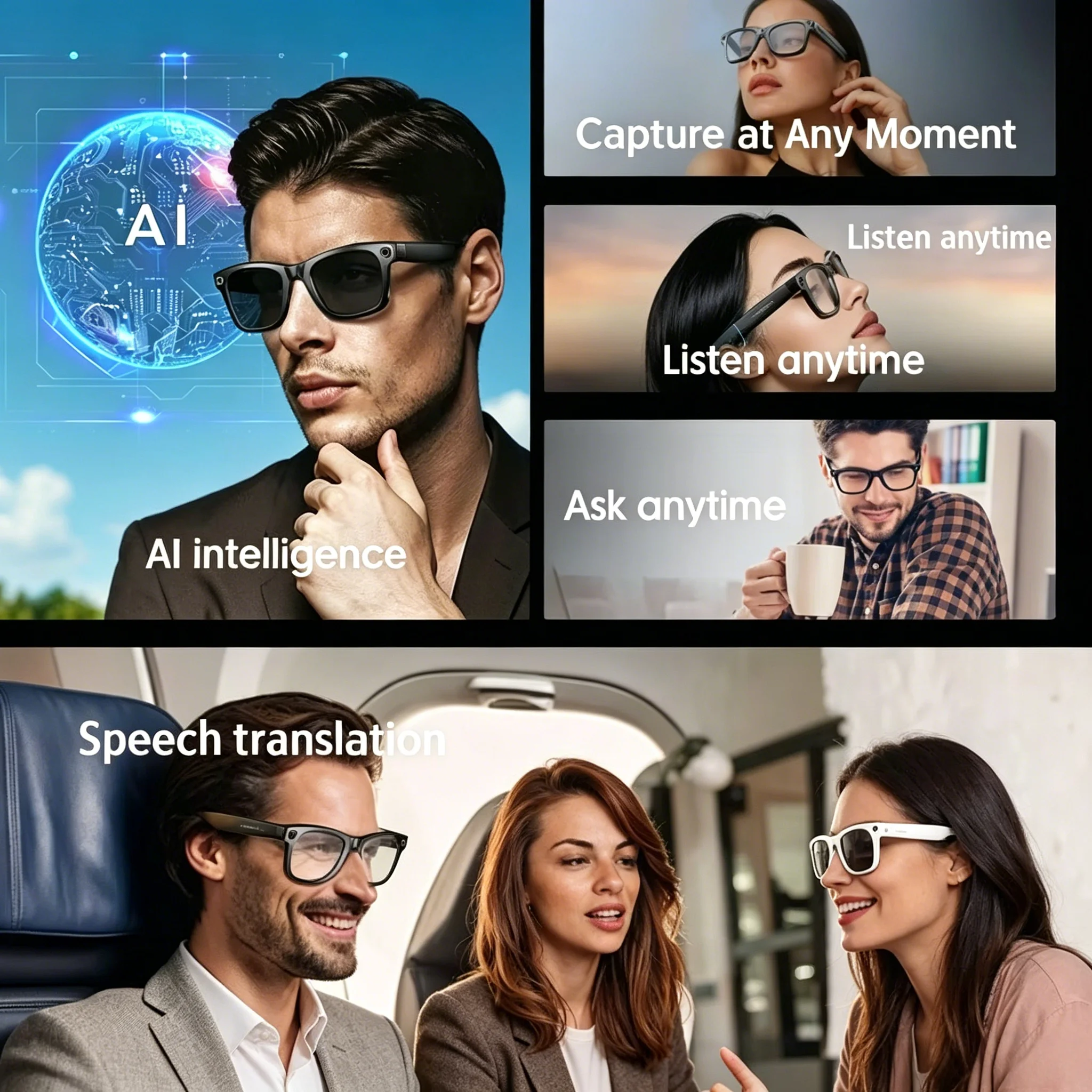 

Premium Men AI Smart Glasses 8K HD Shooting Camera Bluetooth Calling Voice Assistant Control