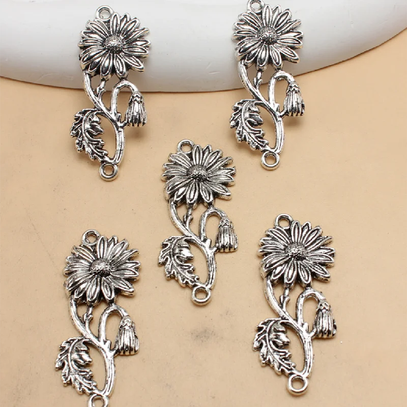 10pcs Silver Plated Retro Sunflower Flower Alloy Pendant DIY Charms Necklace Earrings Jewelry Carfts Making 38*15mm A128