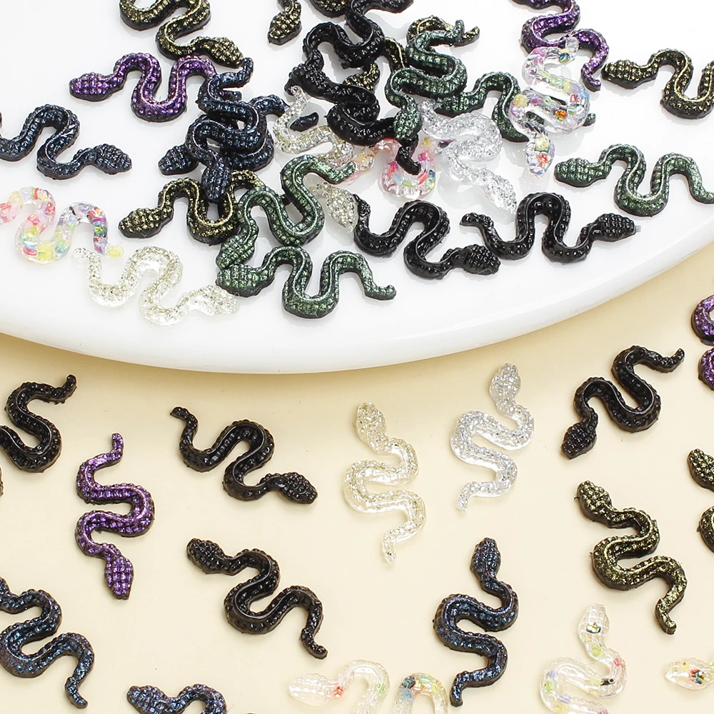 50Pcs 17×8mm AB Mixed Color Resin Snake Nail Charms, 3D Serpent Flat Embellishments For Nail Art, DIY Jewelry & Craft Decor