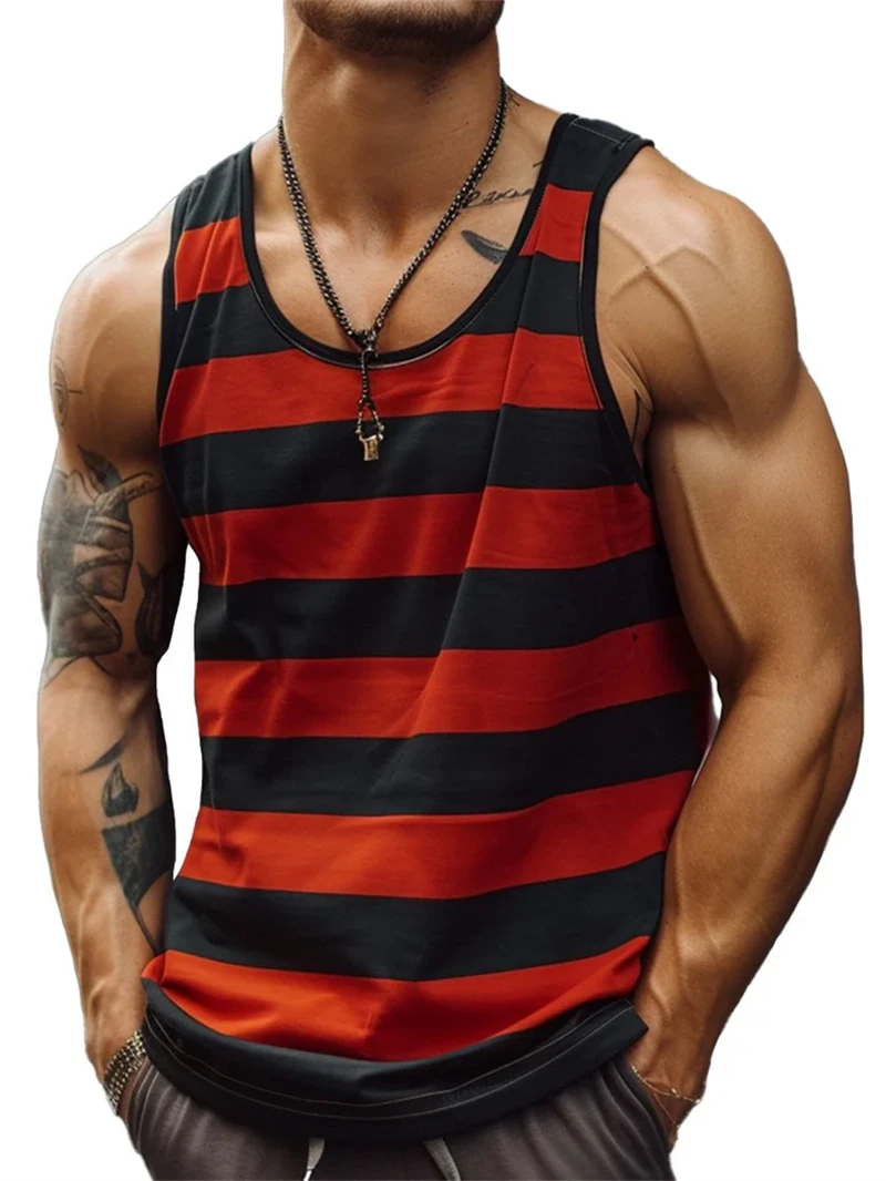 Retro Stripe Graphic Tank Tops For Men Fashion Casual Summer Sleeveless 3D Printed Vest Loose Crew Neck Quick Dry Sports Tees image 4