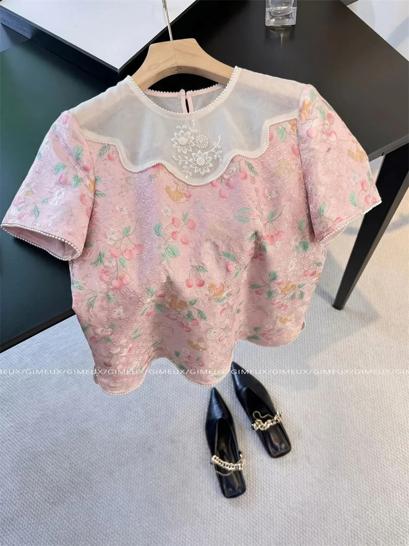 New Women Fashion Chinese Style Lace Stitching Printed top Women's Spring and Summer Design Sense Temperament Casual Loose Shirt