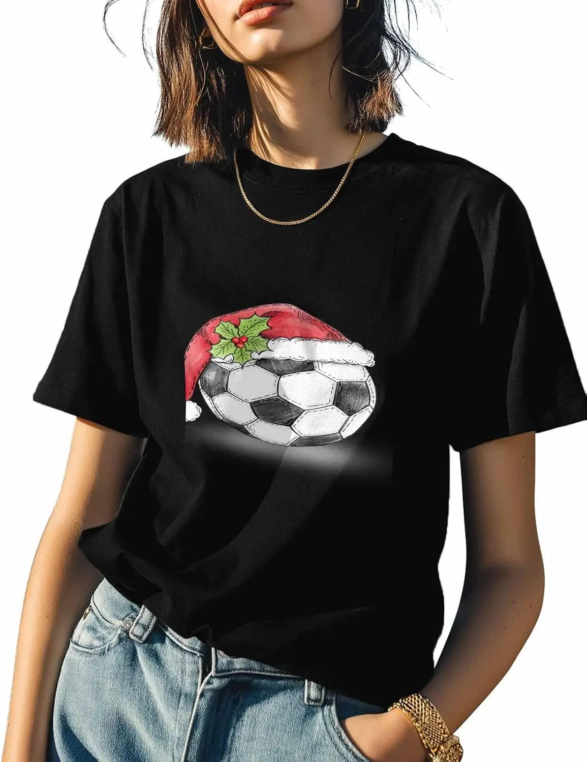 Christmas T Shirts for Women, Football Botanical Berry Black White Short Sleeve Casual Tees Tops Quick Dry Black Tshirts L