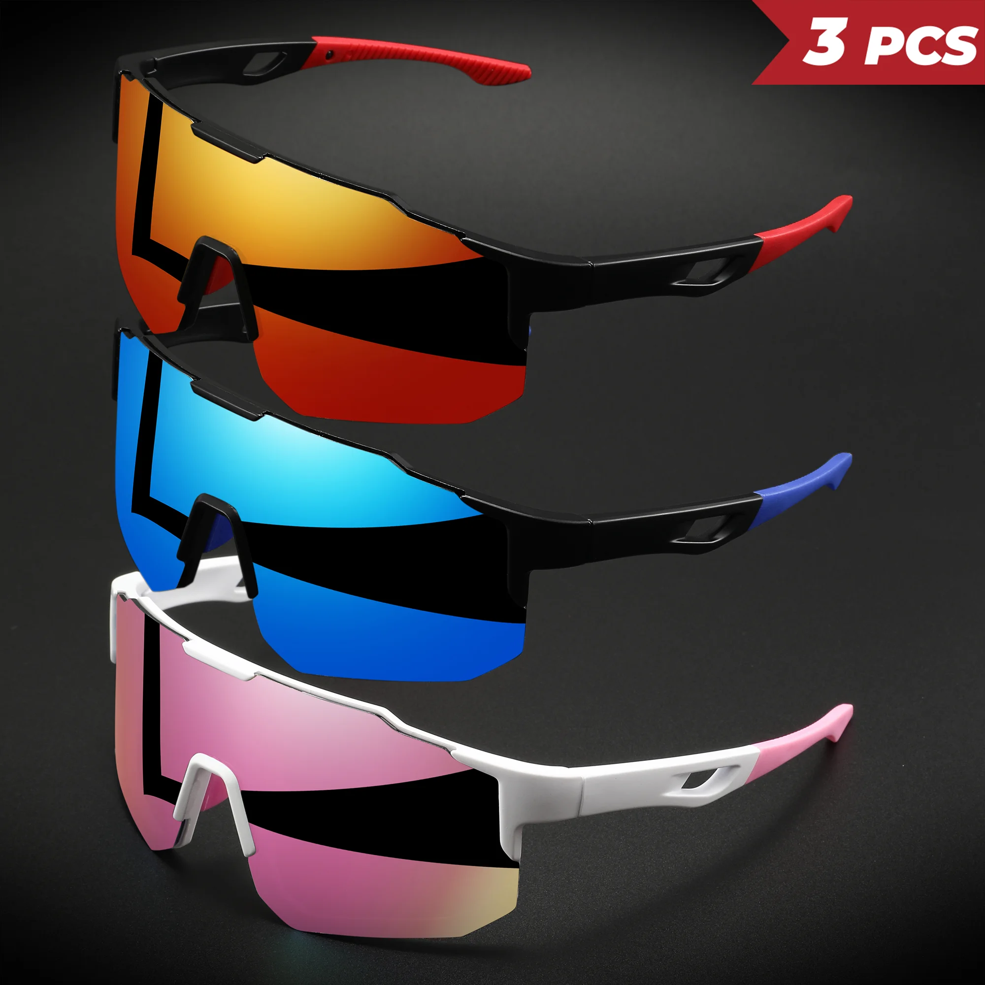 AliExpress NONE 3PCS Oversized Colorful Sports Sunglasses - Wraparound Design, UV400 Unisex Comfort Fit for Cycling, Hiking & Outdoor