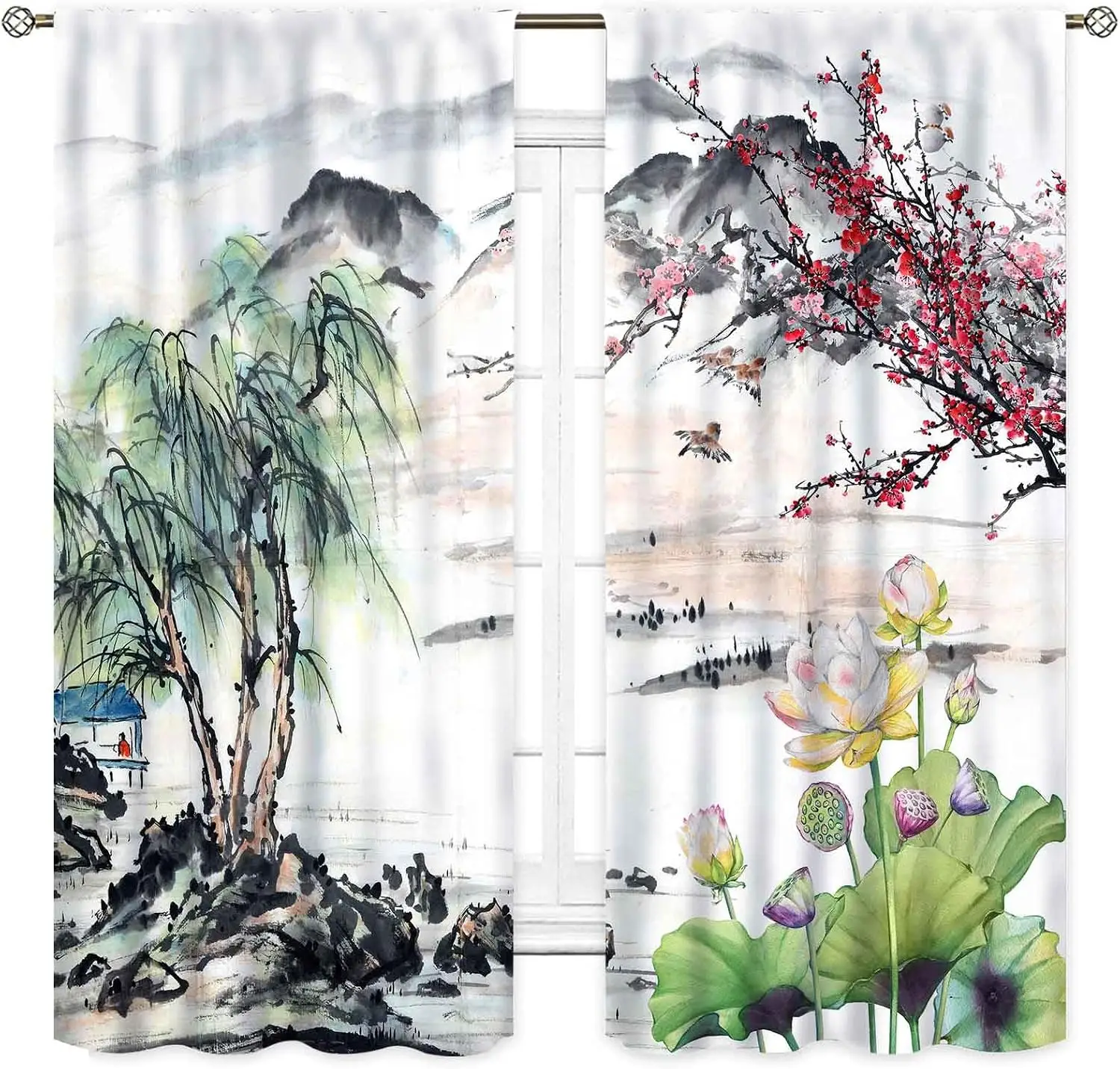 Chinese Ink Mountain Willow Lotus Plum Bird Landscape Blackout Rod Pocket Curtain Oriental Elegant Bedroom Rest Bay Window