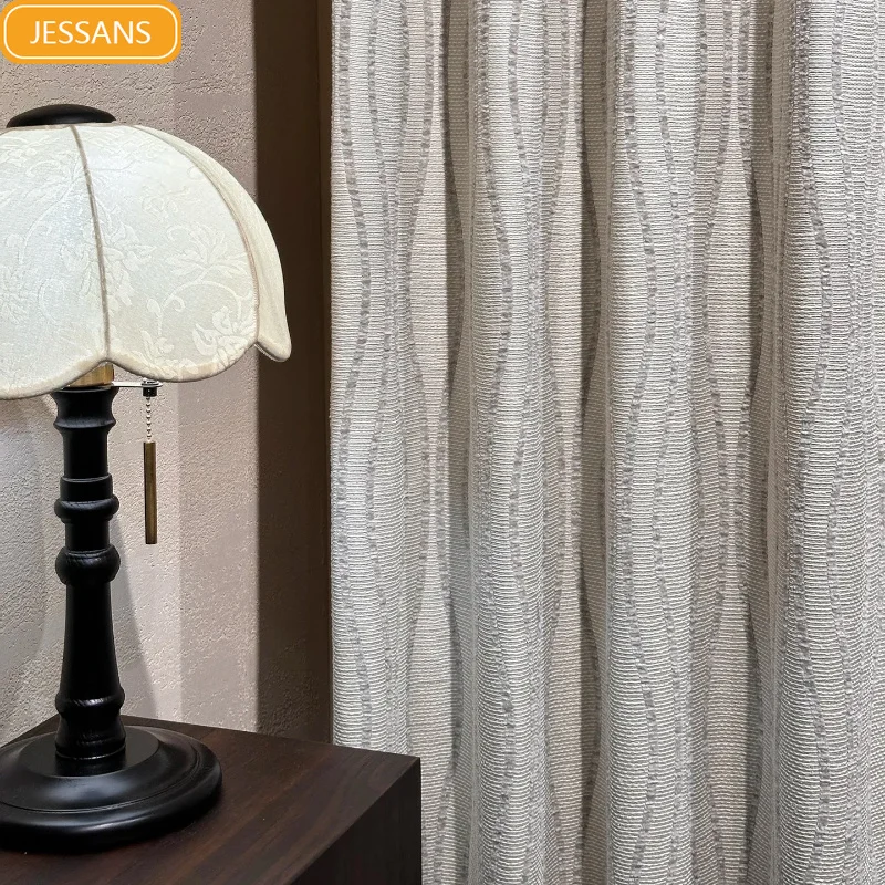 New Cotton Linen Wavy Texture Jacquard Thickened Curtains for Living Room Bedroom French Window Customized Products