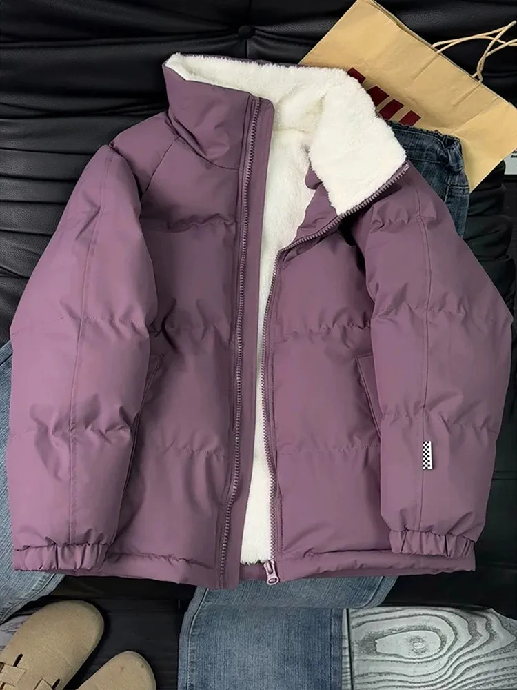 Purple Short Cotton Jacket for Unisex Winter 2026 New Standing Collar Thick Lamb Wool Overcoat Cold Resistant Warm Quilted Coat