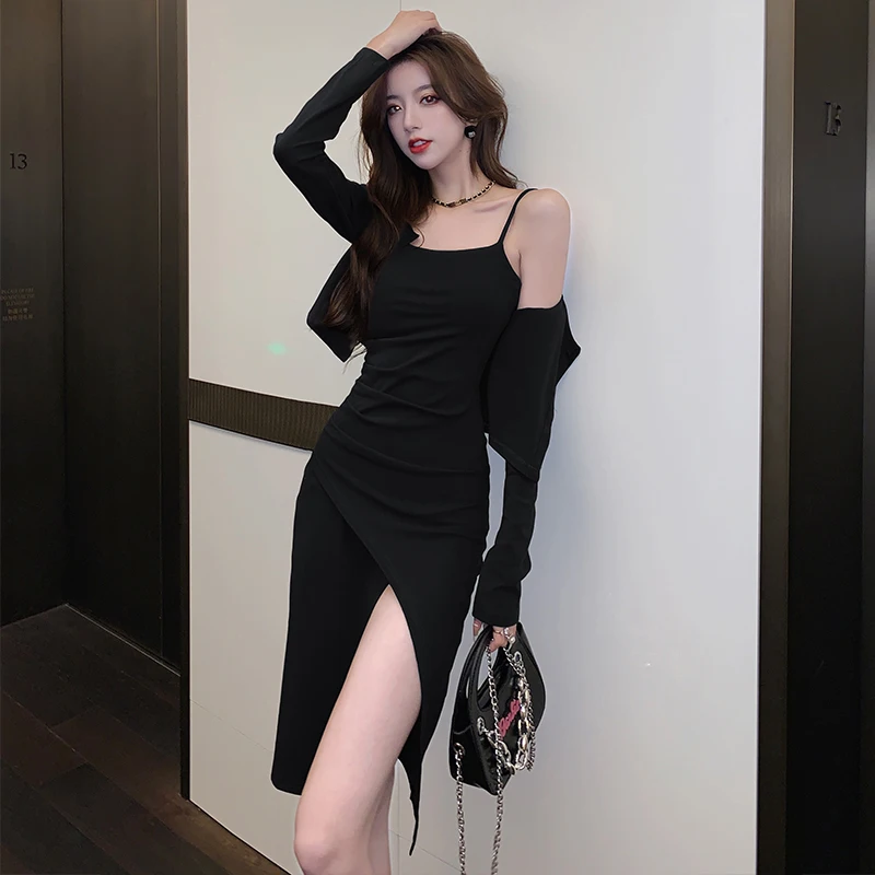 Autumn New Elegant Retro Split Sexy Strap Dress Two Piece Cardigan Long Sleeve Long Dress Spicy Girls Advanced Fashion Set