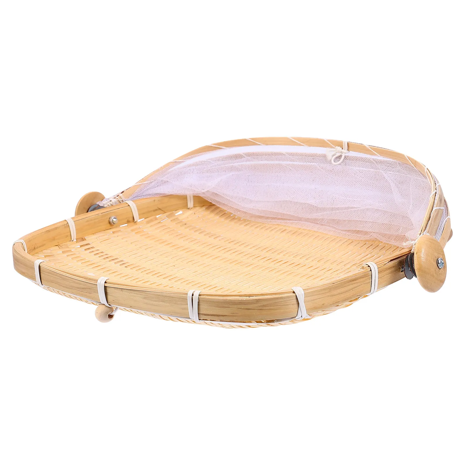 1Pcs Lightweight Bamboo Weave Basket with Fine Workmanship Anti-Mosquito Net Lid Woven Bread Basket Food Serving Tray Kitchen