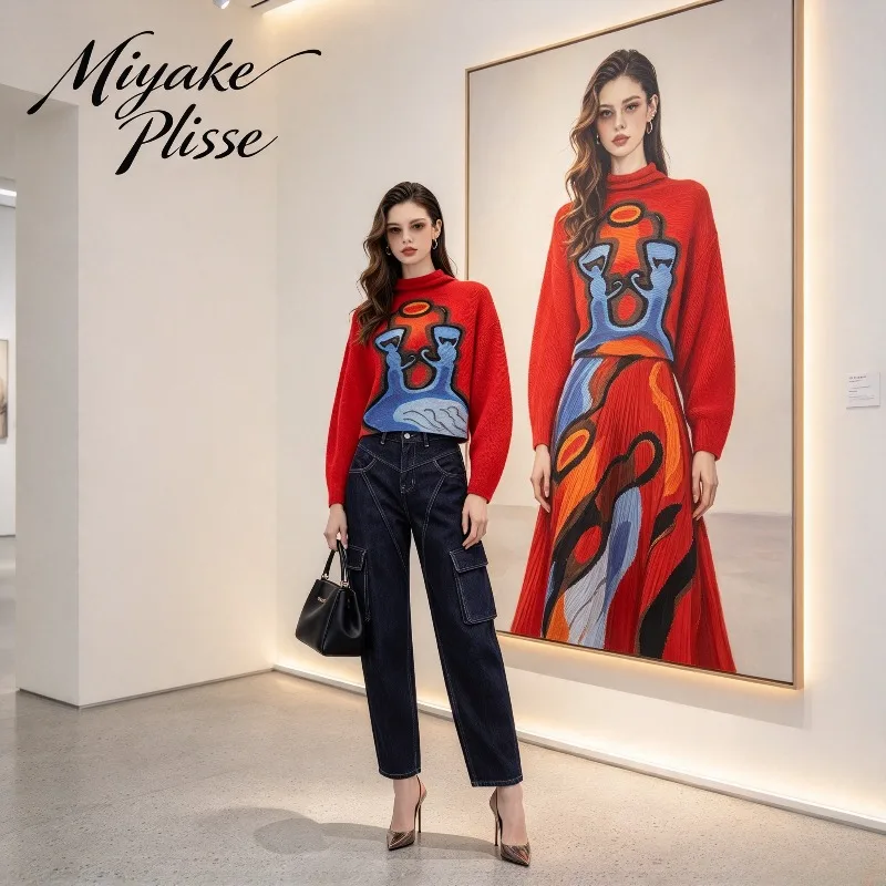 2026 New Spring Summer Pleated Long Sleeve Top for Women Loose Fit Plus Size Printed Half High Neck Batwing Sleeve T-Shirt Pleat