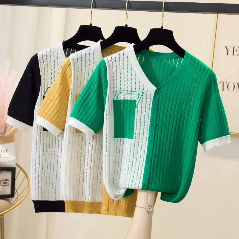 

2025 Summer sweater striped patchwork Cardigan Women v-neck Knitted Jacket Cardigan Sweater Female elegant Coat out wear