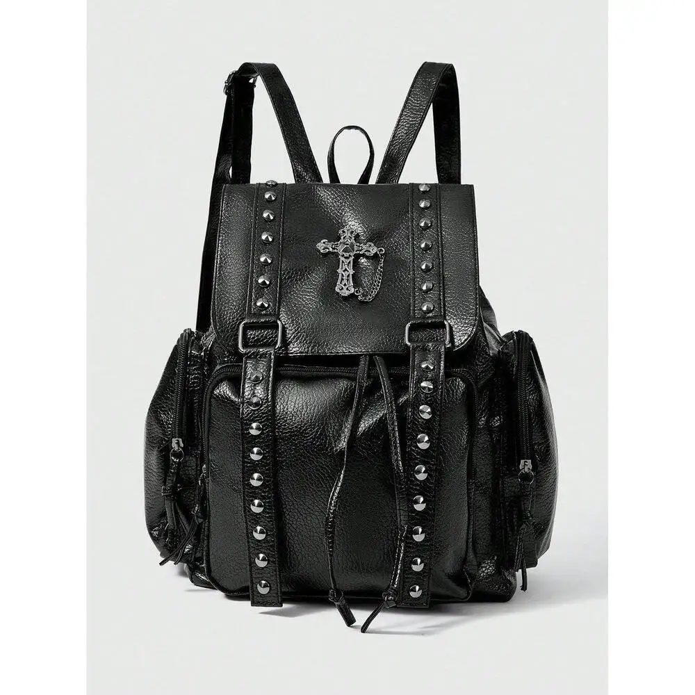 Rivet Y2K Backpack Women's Gothic Subculture punk Cross Black Retro Harajuku Backpack College Large Capacity Backpack