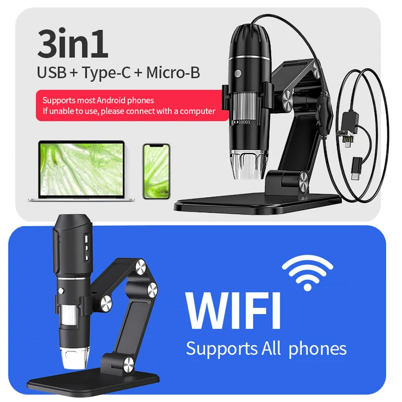 Wireless Digital Microscope Handheld USB HD Inspection Camera 50x-1600x1080P HD with Adjustable Stand for Adults and Kids