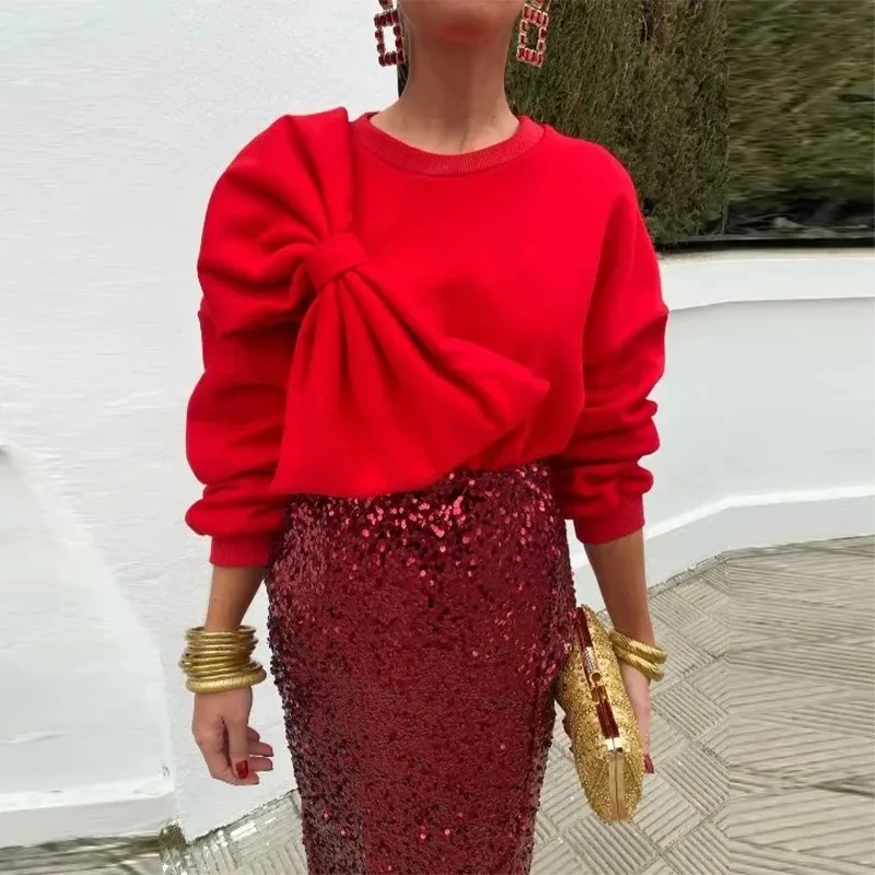 سويت شيرت نسائي خريفي بلوفرات فضفاضة ثلاثية الأبعاد بعقدة على شكل فيونكة بلون سادة وأكمام طويلة ورقبة دائرية لربيع الخريف