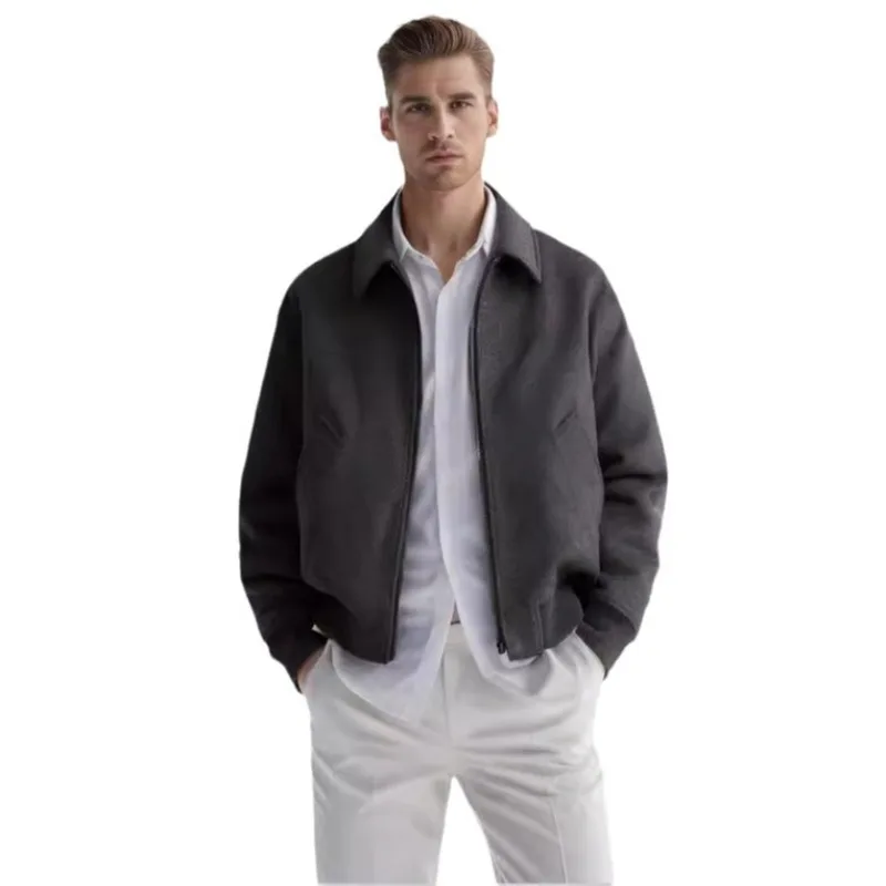 New Spring and Autumn Foreign Trade Woolen Jacket Men's Solid Color Lapel Woolen Jacket British  Cardigan