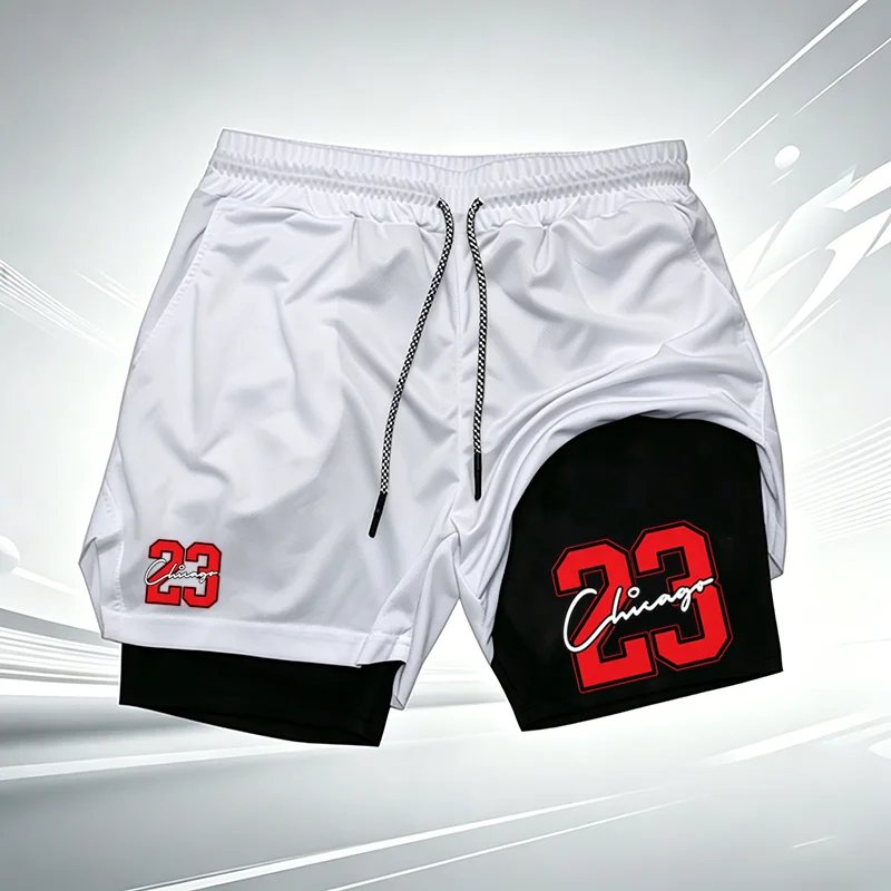 Mens Quick Dry Athletic Shorts 2-in-1 Liner Design Chicago 23 Graphic Print Drawstring Gym Running Sport Training Short wx309