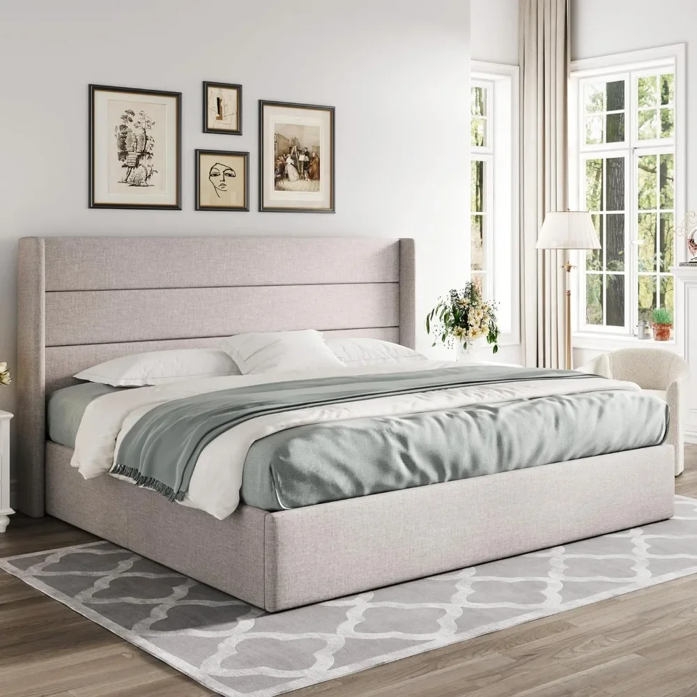 

Large lift storage bed, modern wingback headboard, no springs required, easy to assemble, hydraulic storage