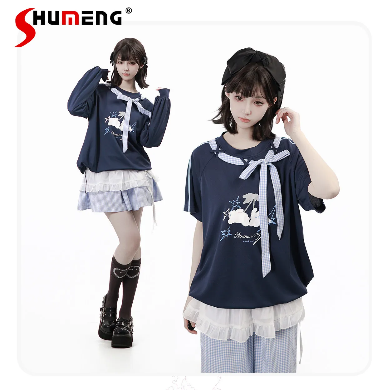 

2026 Spring Summer New Sweet Cool Girl's Y2K Pants Set Original College Style Long Sleeve Short Sleeve Top Skirt Leg Warmer
