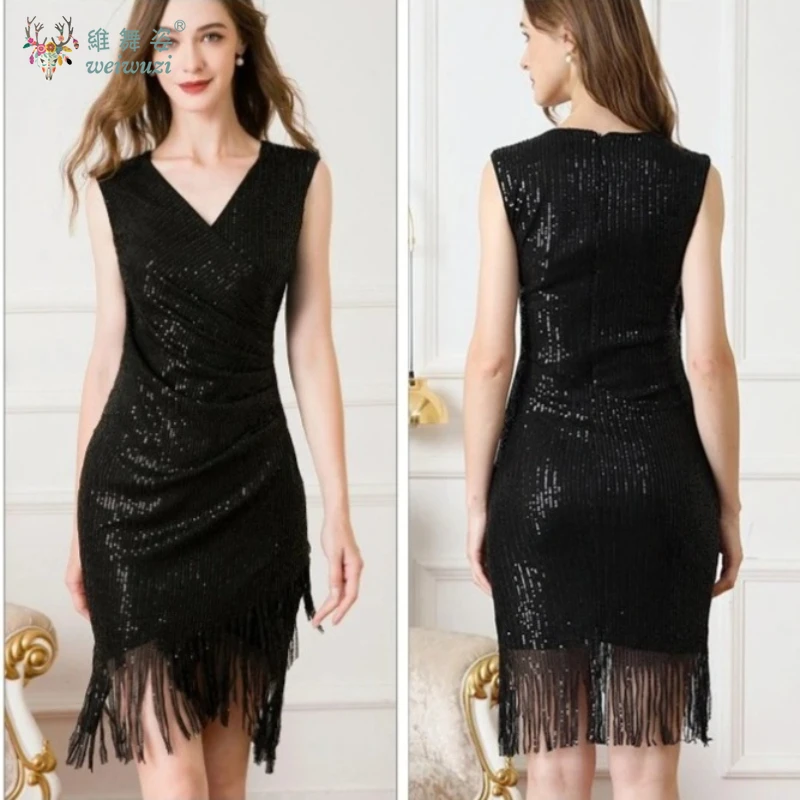 スタイリッシュでタイトなディープVネックセクシードレス、スパンコールとタッセル付き、イレギュラーヘムデザイン、あらゆる種類のダンスパーティーに最適