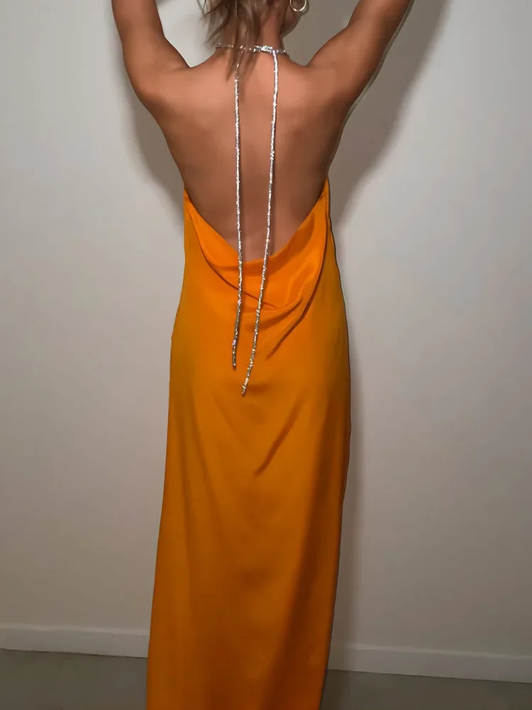 Rhinestone Satin Sexy Evening Maxi Dress Women's Halter Tie Backless Solid Color Slim Split A-Line Long Dress Partywear