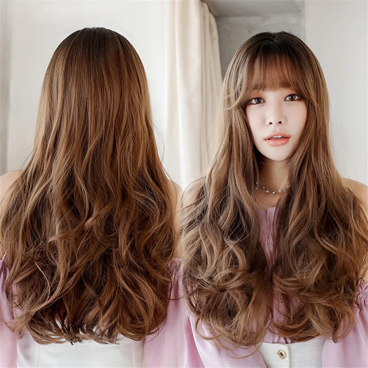 AT53 Wig Wig with Bangs for Women, Natural Looking Long Wig, Long Curly Wig for Daily Korea Versions Pudding