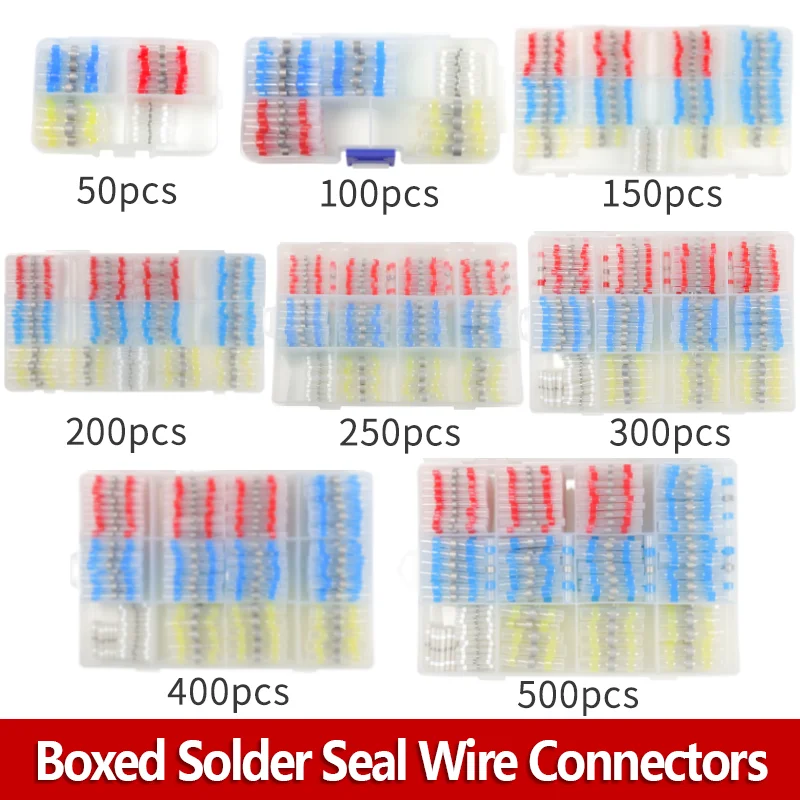 50-500Pcs Boxed Solder Seal Wire Connectors Kit 3:1 Heat Shrink Butt Connectors Waterproof Insulated Electrical Terminals