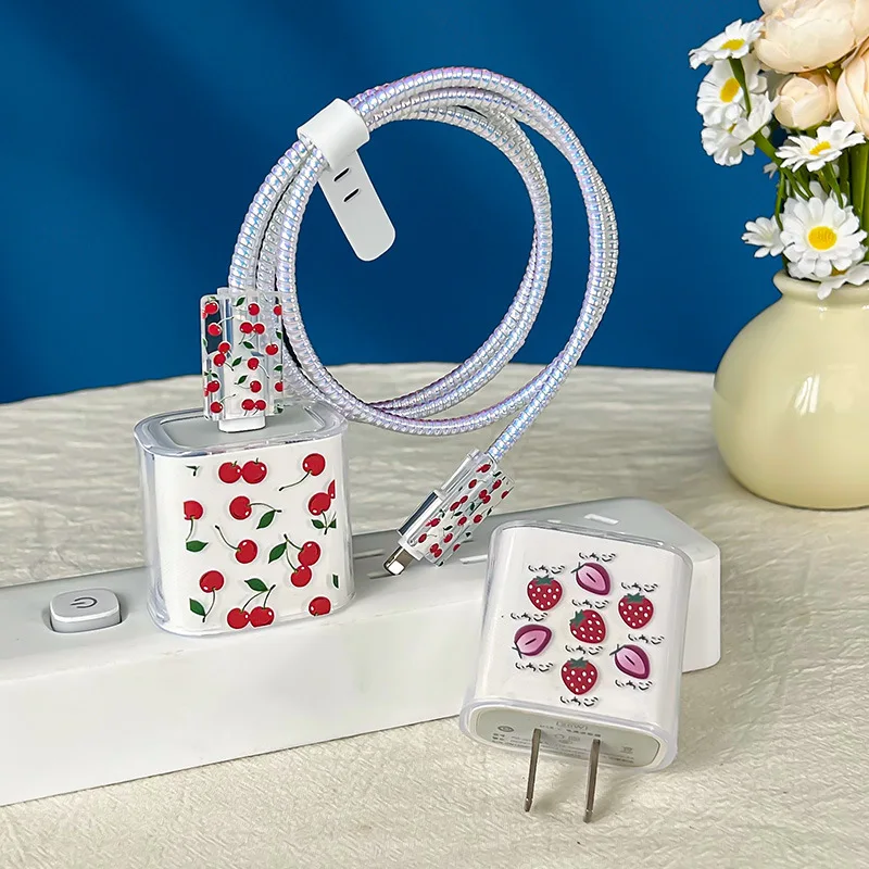 5Pcs Strawberry Watermelon Cherry Cable Protector Fruit Pattern USB Data Cable Winder Charger Protective Cover Phone Accessories