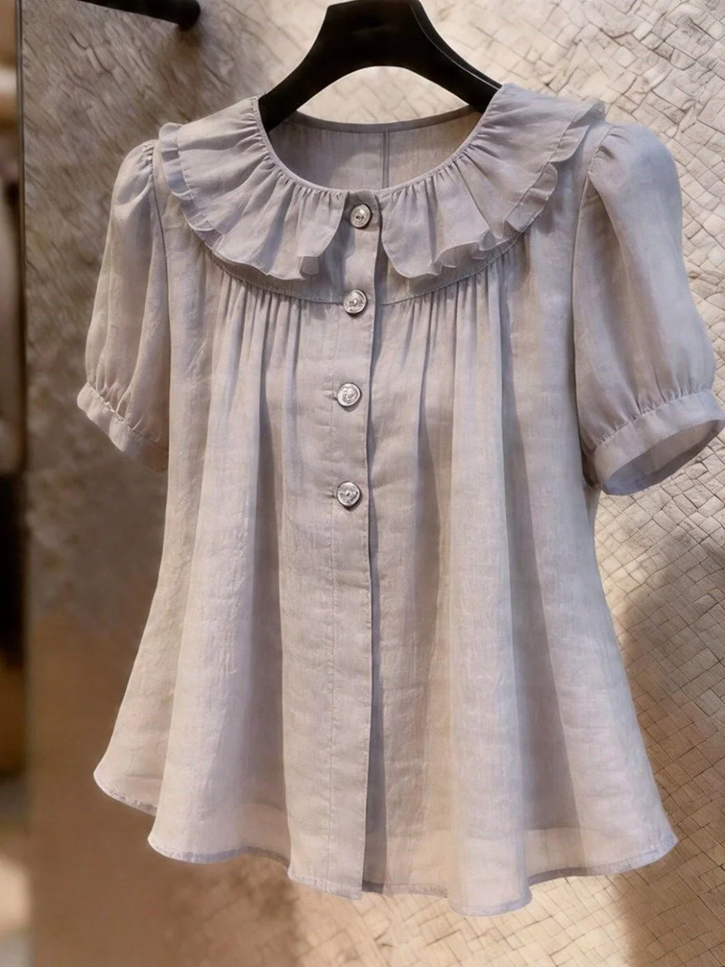 

Gray Commuter Style Short Sleeve Shirt Women's Fashion Design Slimming Versatile Leaf Collar Top Korean Version Breathable Sk...