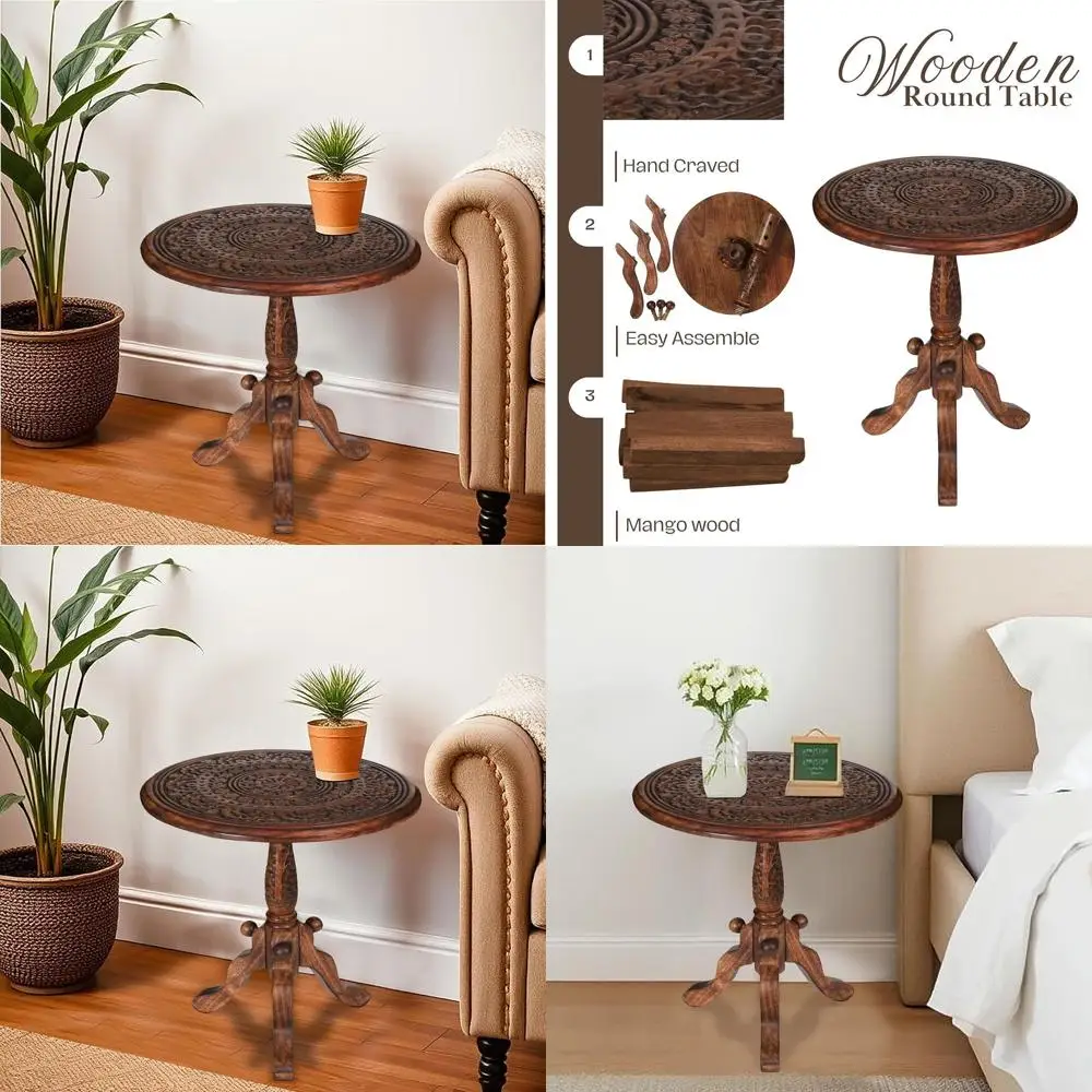 

Круглый журнальный столик из массива дерева с основанием-пьедесталом для декора гостиной | Столик ручной работы с декоративными элементами | 21 Домашний приставной столик для алтаря