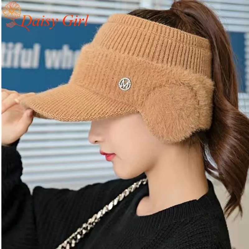 

Autumn Winter Topless Imitation Mink Wool knitted Ear Protection Hats outdoor Warmth Thickened Girl Solid Color Empty Top Hat