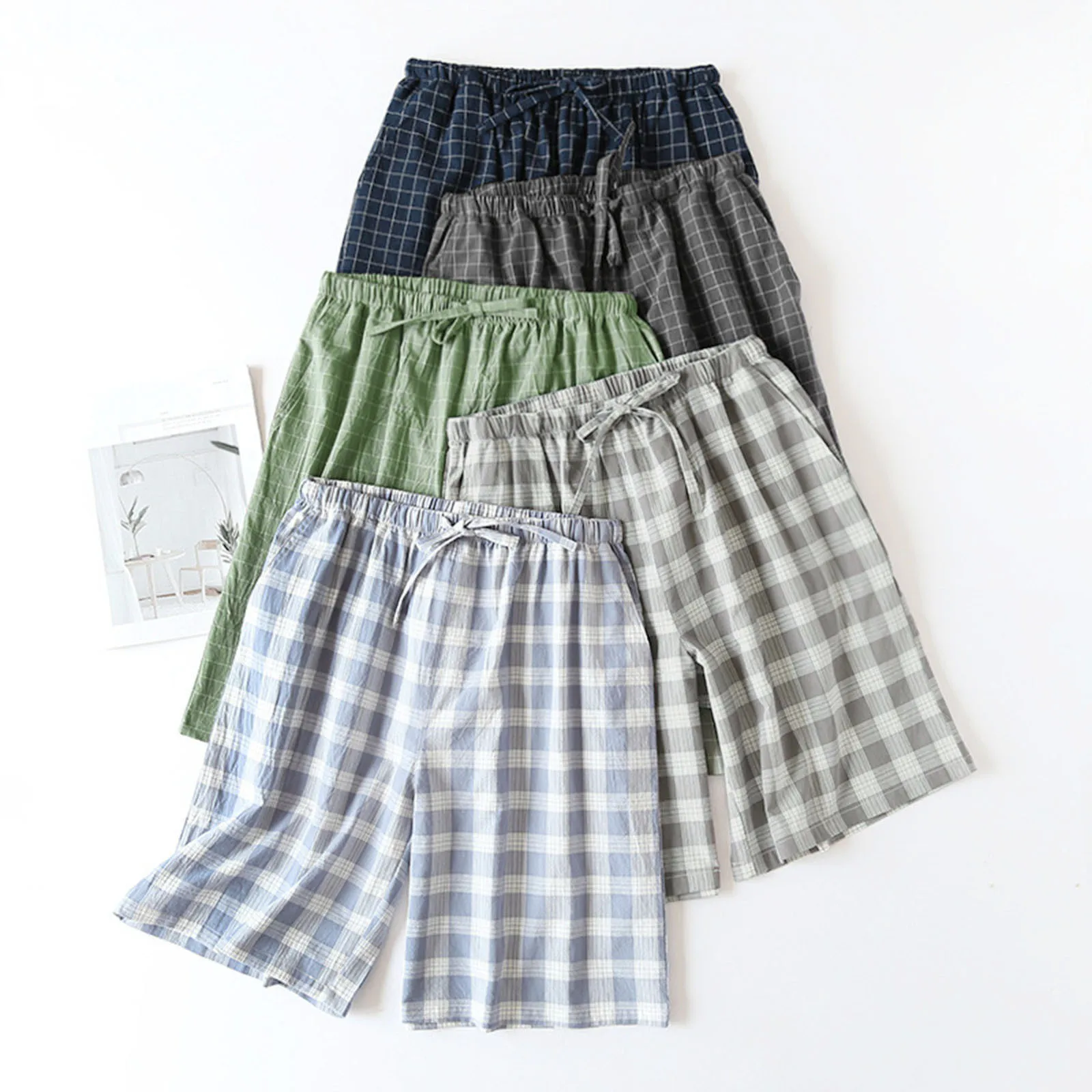 Plaid Design Sleepwear Men Pajama Shorts for Summer Thin Cotton Loose Double-layer Homewear Lounge Wear Checkered Pj Pants