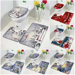 Christmas Bath Mat Set Cute Snowman Santa Claus Winter Forest Cedar Xmas Trees New Year Carpet Bathroom Decor Rugs Toilet Cover