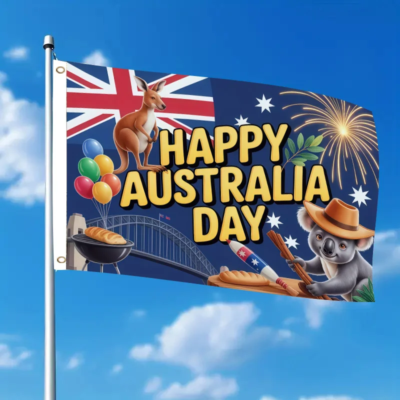 Happy Australia Day Flag With Kangaroo Koala Artworks Sydney Bridge Bbq 3x5 Feet Single-sided Acrylic Pole Hole