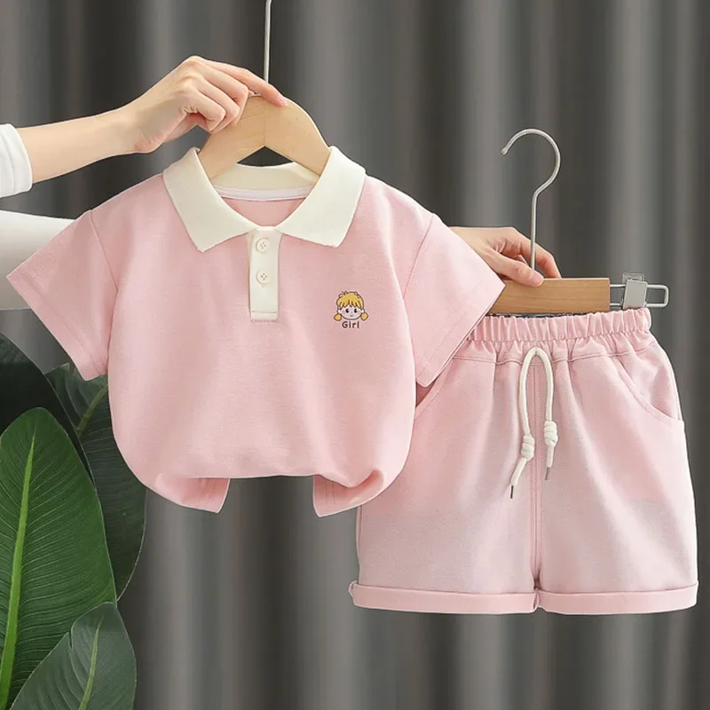 

Summer Clothes Girls Outfit Sets Korean Fashion Casual Cartoon Cute Short Sleeve Baby Tops+Shorts Boutique Kids Clothing B066