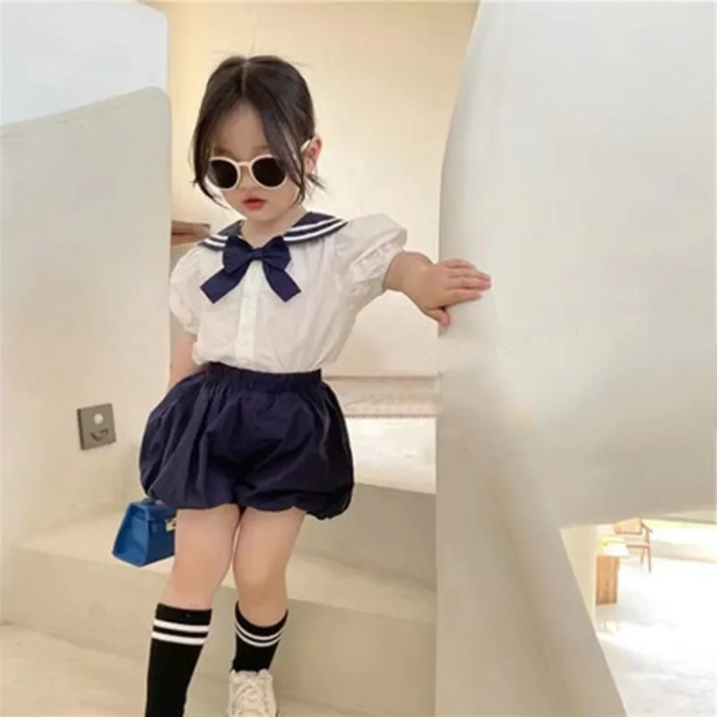 

Summer Girls' Clothing Sets Primary School Student Uniform Lapel Short-Sleeved Shirt +Bloomers Baby Kids Children'S Clothes Suit