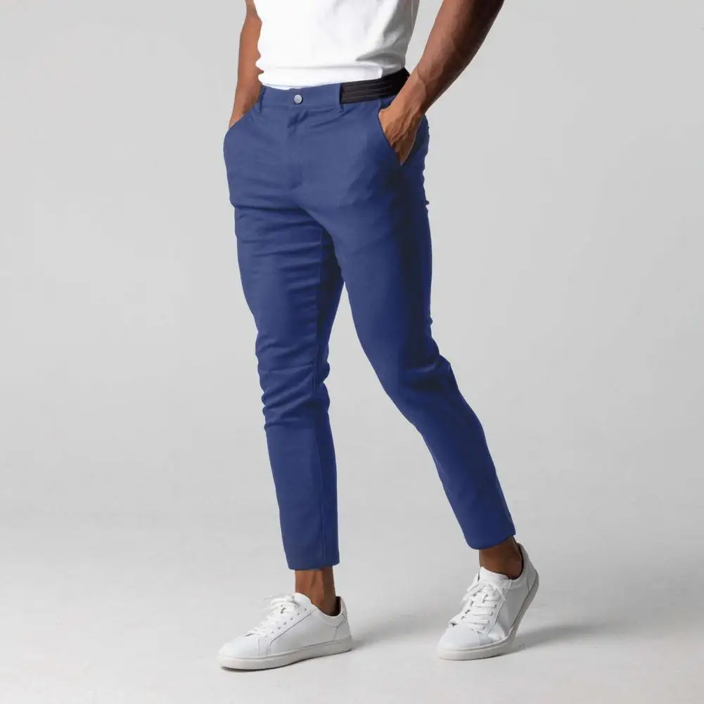 Pantalones elegantes de Color sólido para hombre, pantalones de negocios ajustados con cintura elástica, cierre de botones, bolsillos para mayor comodidad