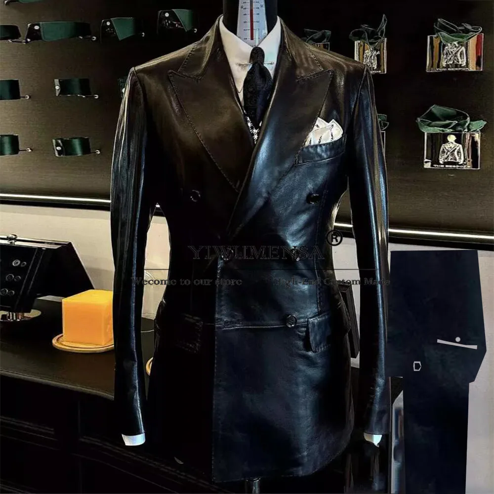 

Classic Man Smart Casual Suits Tailor-made Men's Faux Leather Double Breasted Jacket Pants 2 Pieces Groom Tuxedo Male Clothing